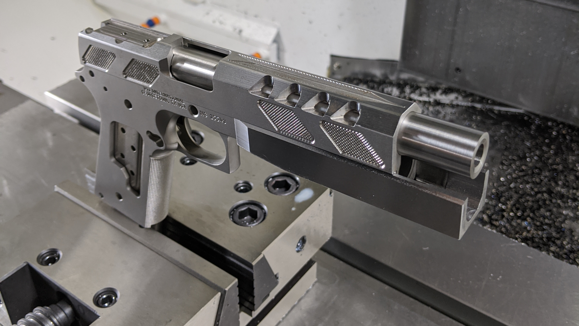 Custom sport pistol frame machined using CNC mill
